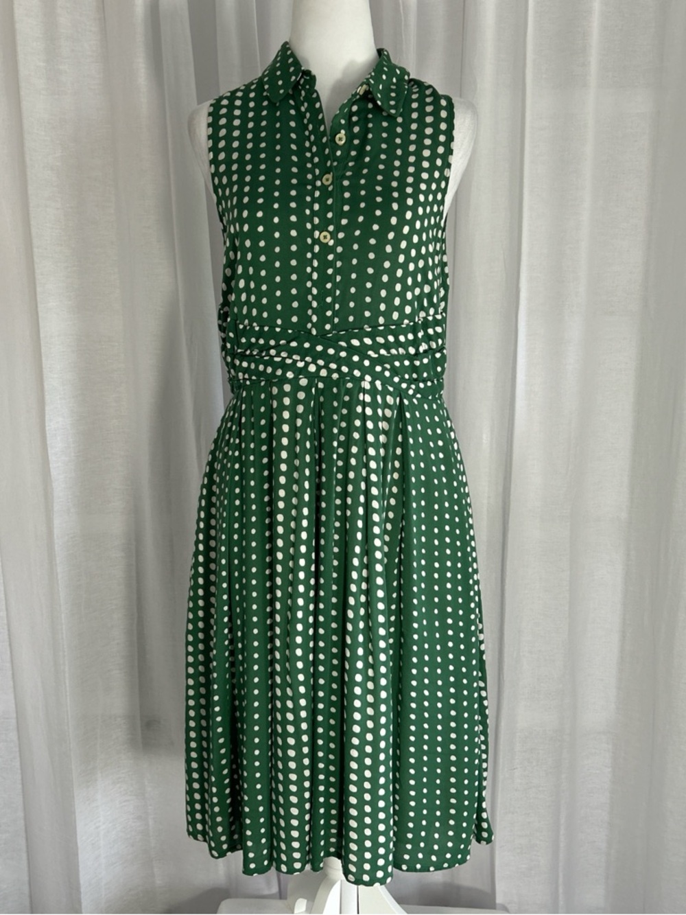 Sleeveless Green Polka Dot Midi Shirt Dress